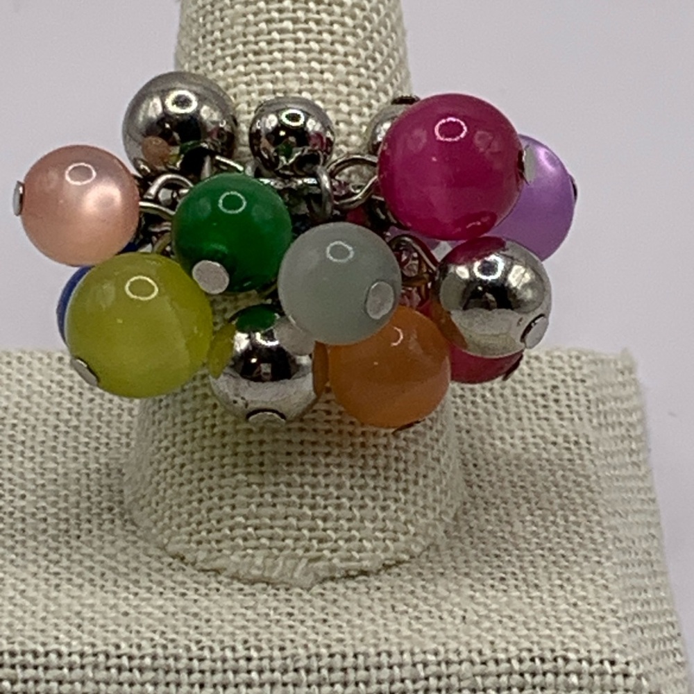 Multicolor Glass Beaded Cluster Ring Silver Plated, size 9.5-9.75